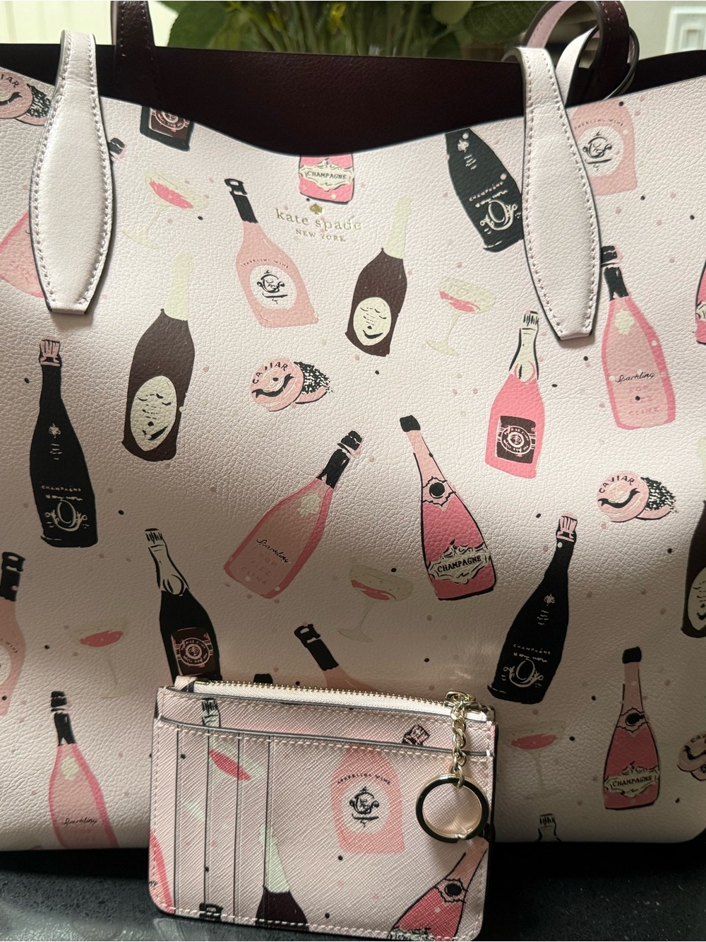 kate spade Champagne Bottle Print Tote in Pink and Black